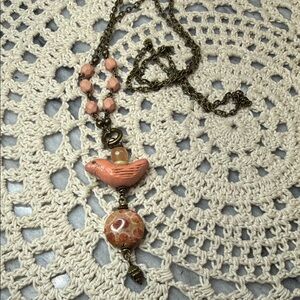 Handcrafted coral Pink Bird Pendant fossilized coral & glass beaded Necklace